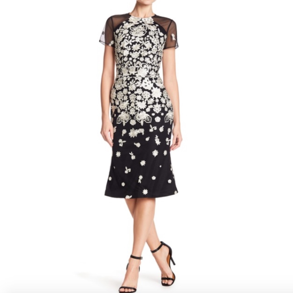 Carmen Marc Valvo Floral Embroidered Midi Dress
